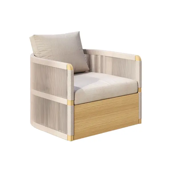 4 Pieces Modern Aluminum & Rope Outdoor Swivel Sofa Set with Coffee Table in Khaki for 6 - Image 11