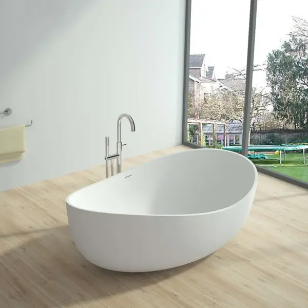 1785mm Contemporary Oval Freestanding Stone Resin Soaking Bath in Glossy White - Image 3