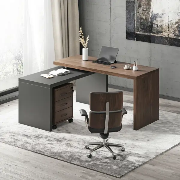 Modern Swivel Desk with Movable File Cabinet Black & Walnut L-Shaped Rotating Desk