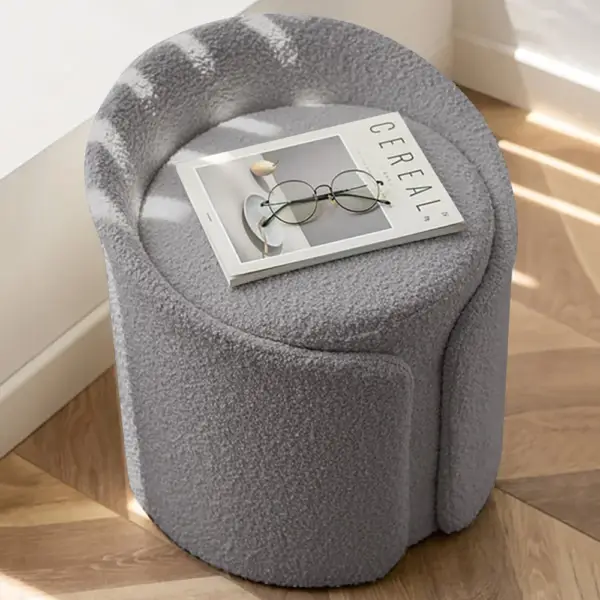 Modern Grey Round Lamb Wool Vanity Stool with Backrest - Image 7