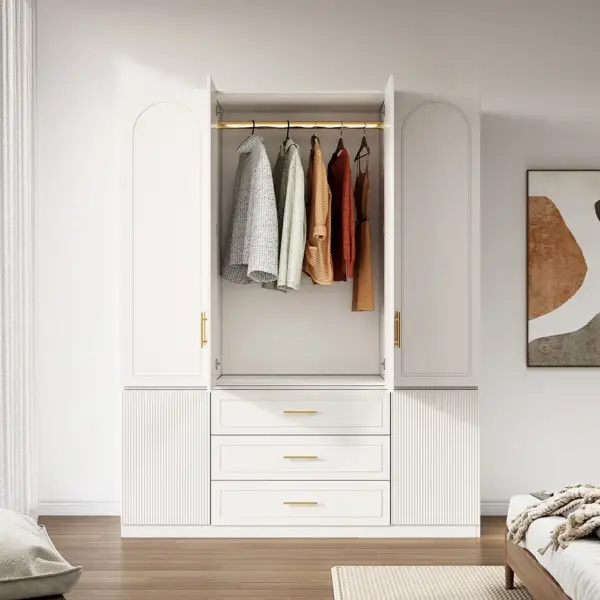 Modern Luxury White Wide Armoire Clothes Cabinet with 3 Drawers & 6 Doors - Image 10