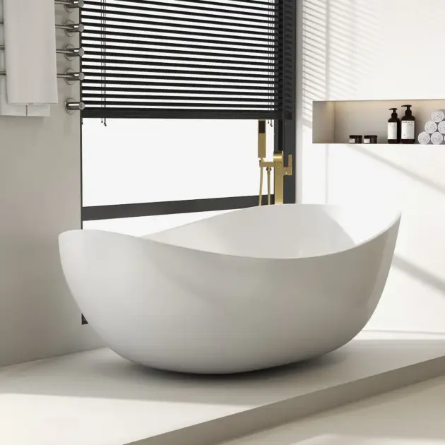 1785mm Contemporary Oval Freestanding Stone Resin Soaking Bath in Glossy White