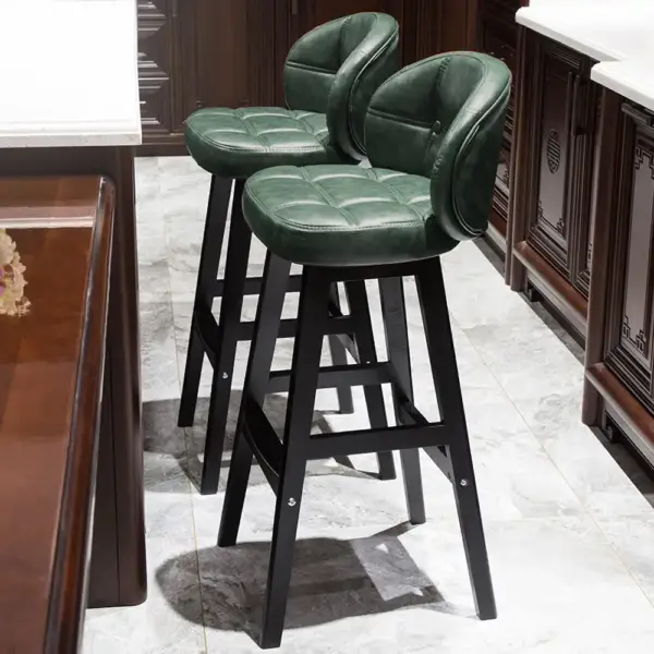 Green PU Leather Bar Height Rustic Bar Stools Set of 2 Tufted Curved Back - Image 3