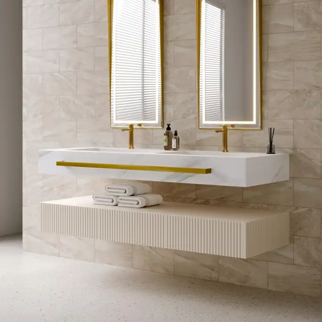 1400mm White Wall Mounted Double Basin Bathroom Vanity with 3 Drawers Faux Marble Top