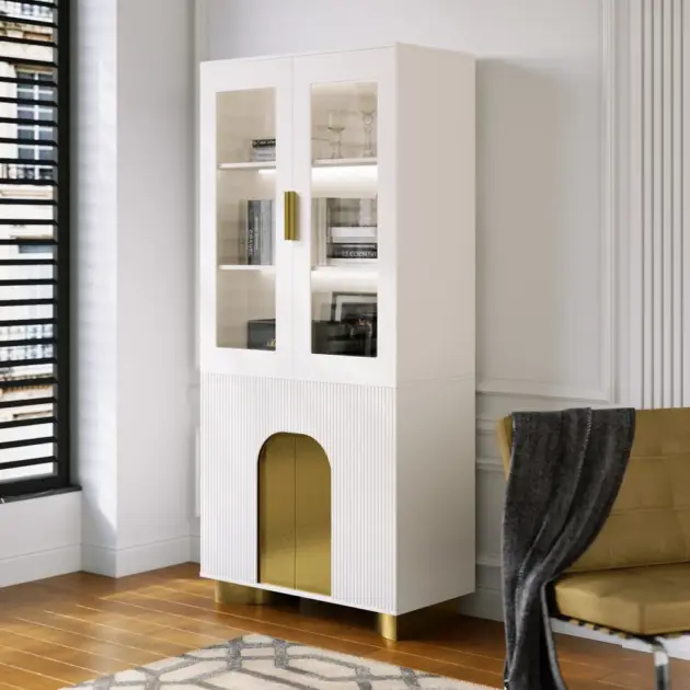 Artus Modern Off-White Storage Display Cabinet with Shelves & LED & Backboard