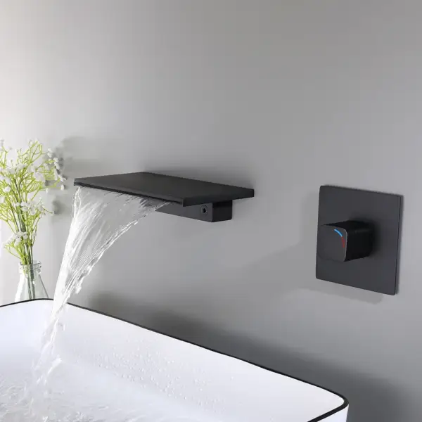 Waterfall Wall Mount Bathroom Basin Tap Single Knob Solid Brass Matte Black - Image 4