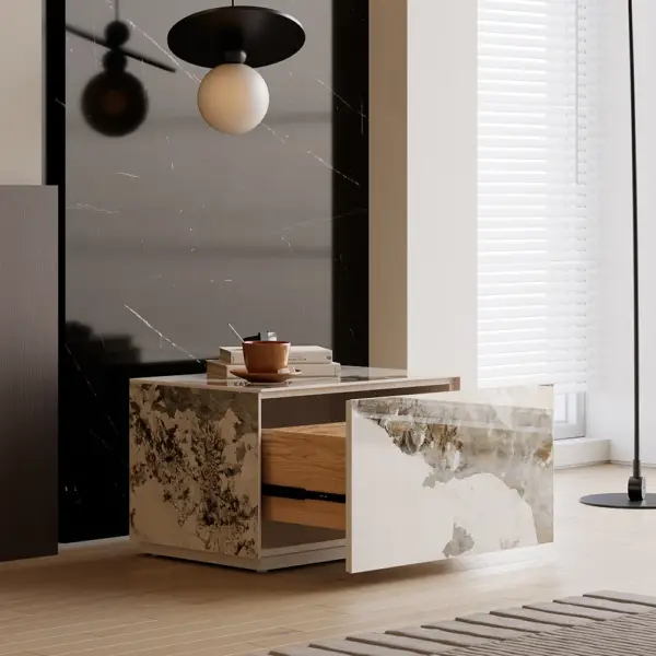 Modern White 600mmW Sintered Stone Nightstand 1 Drawer Bedside Table - Image 2