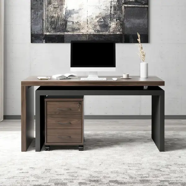 Modern Swivel Desk with Movable File Cabinet Black & Walnut L-Shaped Rotating Desk - Image 4