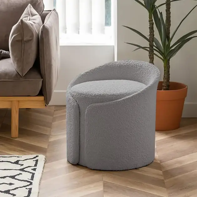 Modern Grey Round Lamb Wool Vanity Stool with Backrest