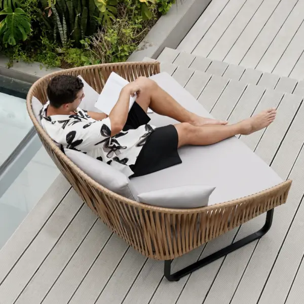 63" Rattan Outdoor Daybed with Grey Cushion Pillow Aluminum Frame - Image 6