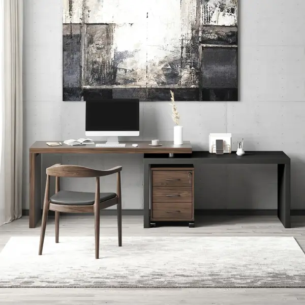 Modern Swivel Desk with Movable File Cabinet Black & Walnut L-Shaped Rotating Desk - Image 2