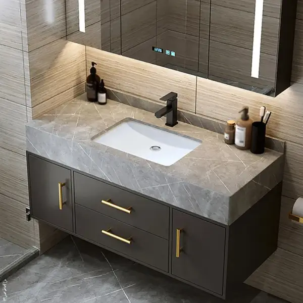 Modern 1000mm Floating Black Bathroom Vanity Stone Top Wall Mounted Bathroom Cabinet - Image 5
