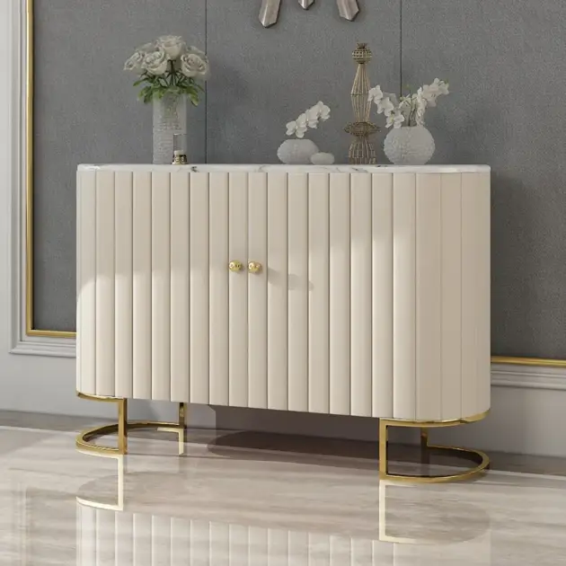 Epaule Off White Modern Sideboard Buffet PU Leather Sideboard Cabinet with Drawers Gold