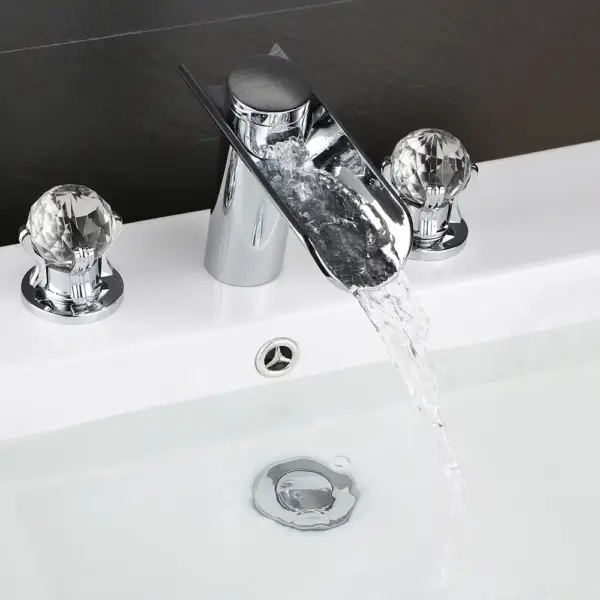 Morga Chrome Waterfall Bathroom 3 Hole Basin Tap with Crystal Handles - Image 3
