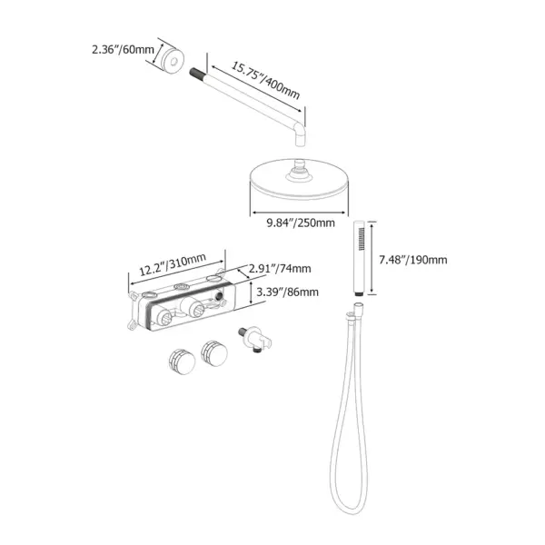 250mm Wall-Mounted Round Black Shower Set 2-Function with Hand Shower - Image 13