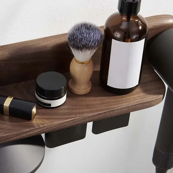 Wood Hair Dryer Holder Rack in Walnut with Accessories Storage & Shelf - Image 3