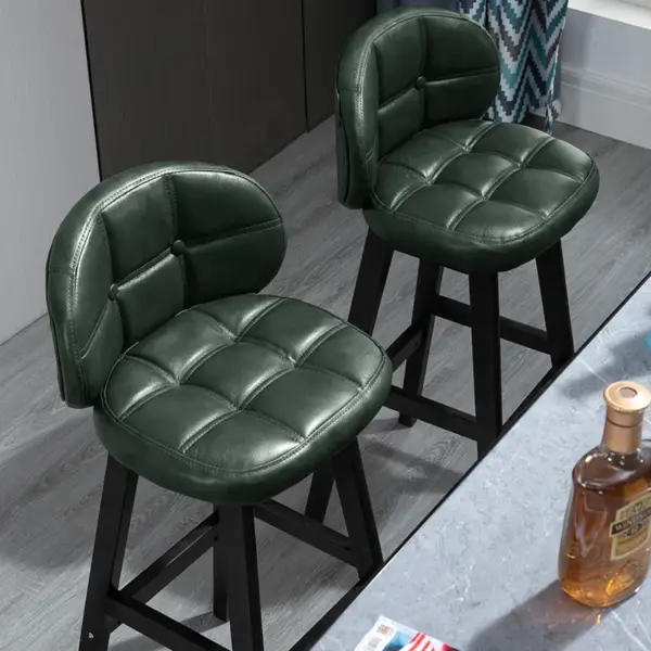 Green PU Leather Bar Height Rustic Bar Stools Set of 2 Tufted Curved Back - Image 2