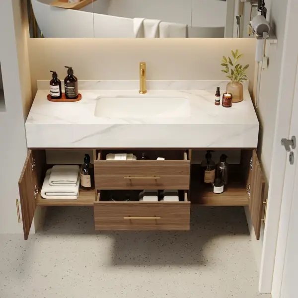 1000mm Walnut Floating Bathroom Vanity Set Stone Top Wall Mounted Bathroom Cabinet - Image 5