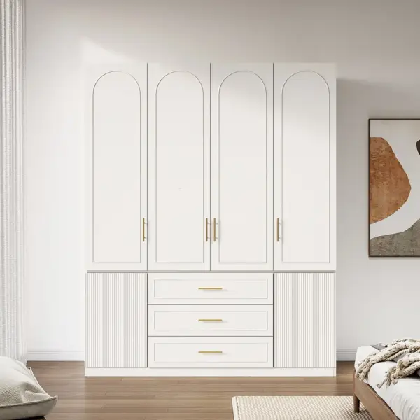 Modern Luxury White Wide Armoire Clothes Cabinet with 3 Drawers & 6 Doors