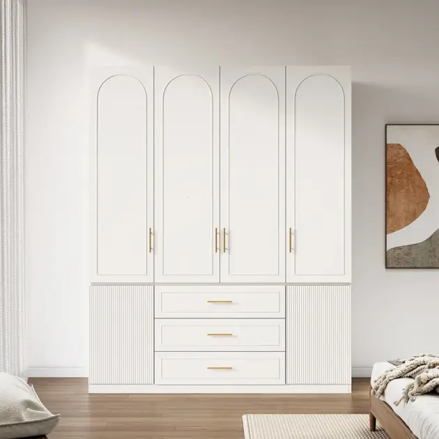 Modern Luxury White Wide Armoire Clothes Cabinet with 3 Drawers & 6 Doors