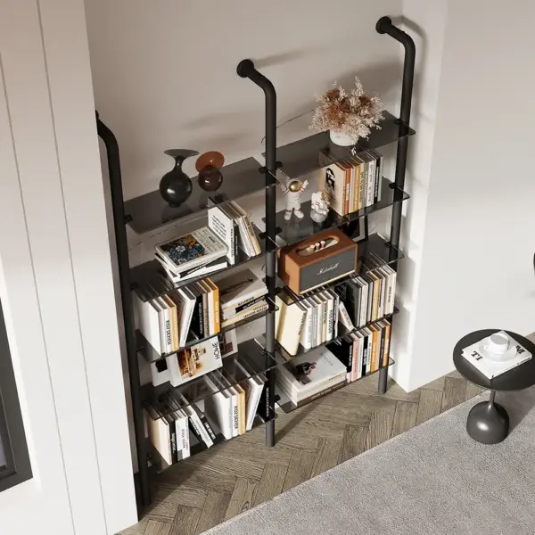 5-Tier Industrial Ladder Shelf Acrylic Black & Grey Wall Mounted Display Bookshelf - Image 4