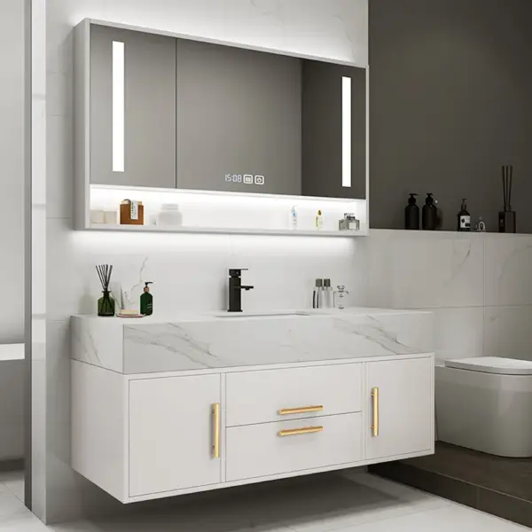 Modern 1000mm White Floating Bathroom Vanity Set Stone Top Wall Mounted Bathroom Cabinet - Image 3