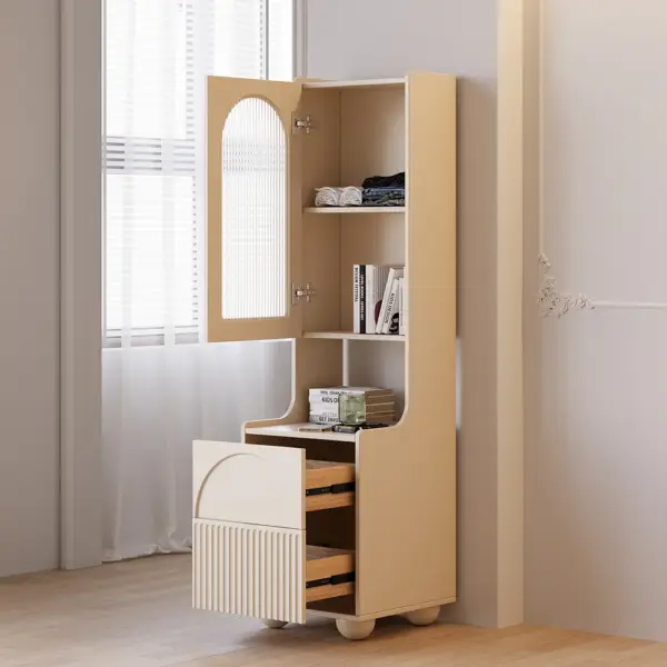 Modern Tall White Nightstand with Glass Door & Sheleves 2-Drawer Bedside Table - Image 3