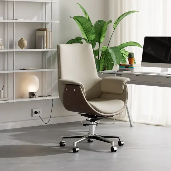 Grey Leather Modern Home Office Chair Upholstered High Back Desk Chair Wooden Frame - Image 11