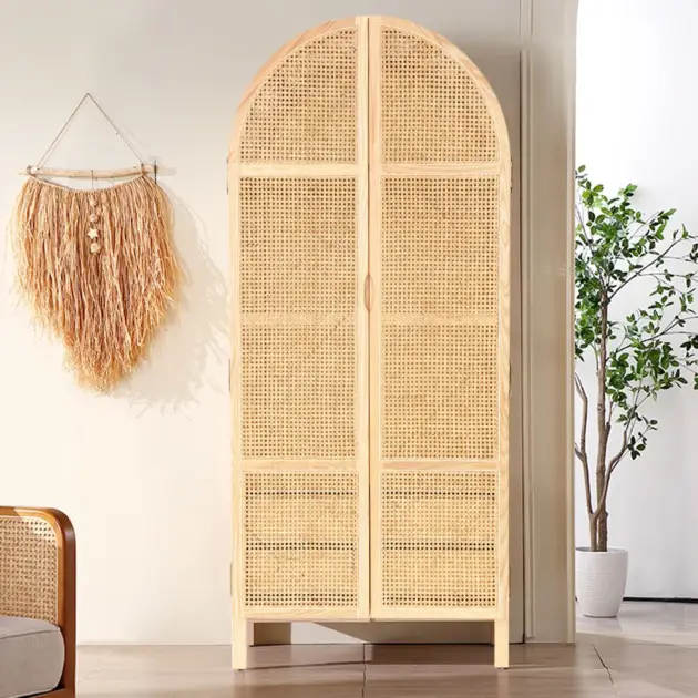 Natural Woven Rattan Bedroom Clothing Armoire with Hidden 2 Doors and Drawers Wardrobe (Copy)
