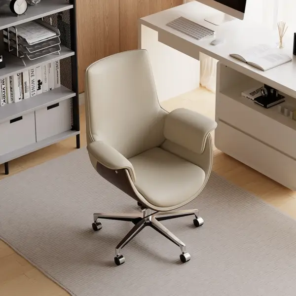 Grey Leather Modern Home Office Chair Upholstered High Back Desk Chair Wooden Frame - Image 8