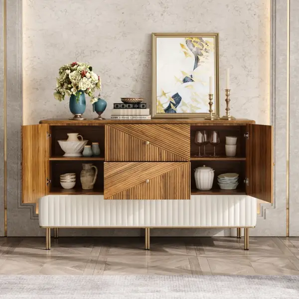 Wovent 1520mm Mid-Century Modern Walnut Sideboard Wood Kitchen Buffet with Storage - Image 3