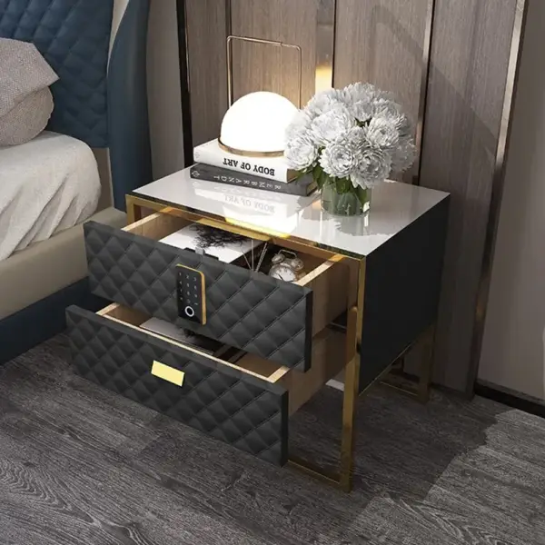 Black 2 Drawers Bedroom Nightstand with Electronic Lock Stainless Steel Base - Image 4