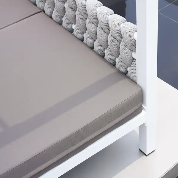 White Aluminium & Grey Woven Rope 2-Person Outdoor Patio Daybed with Canopy Curtains - Image 6