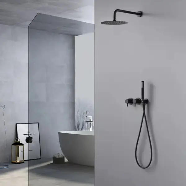 250mm Wall-Mounted Round Black Shower Set 2-Function with Hand Shower - Image 2