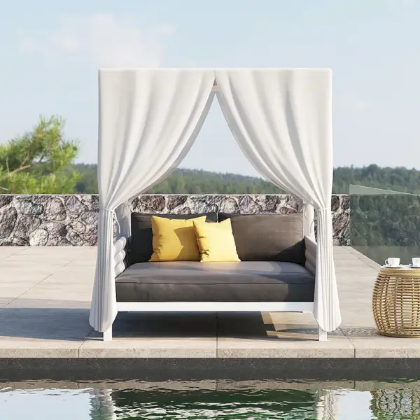 White Aluminium & Grey Woven Rope 2-Person Outdoor Patio Daybed with Canopy Curtains - Image 4