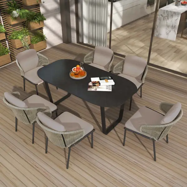 7-Pieces Woven Rattan Outdoor Patio Dining Set with Rectangle Table and 6 Armchairs