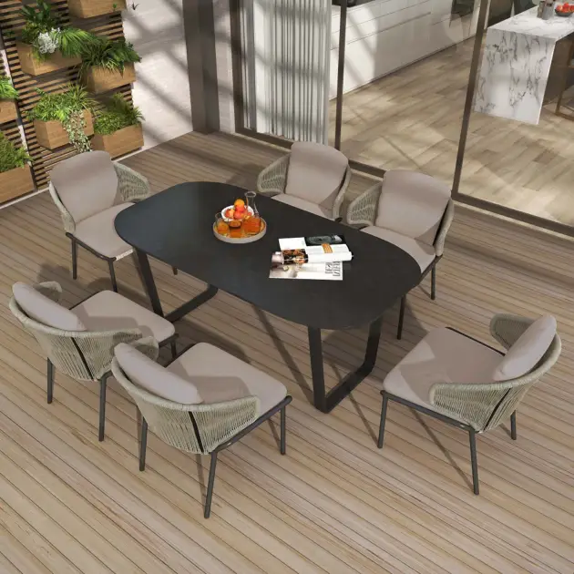 7-Pieces Woven Rattan Outdoor Patio Dining Set with Rectangle Table and 6 Armchairs