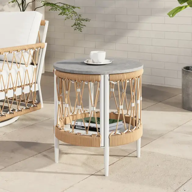 Ropipe 470mm Round Outdoor Side Table with Storage Patio Weave Rope End Table in Khaki