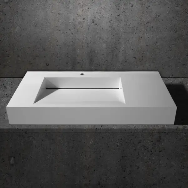1000mm Wall-Hung Stone Resin Rectangle Bathroom Ramped Basin in Matte White - Image 5