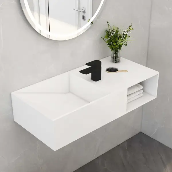 900mm Wall-Mount Stone Resin Wash Basin in Matte White with Storage Cubby Hole - Image 4