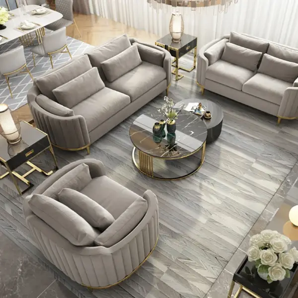Modern Living Room Sets Grey Velvet Upholstered Chair & Loveseat & Sofa 3 Pieces