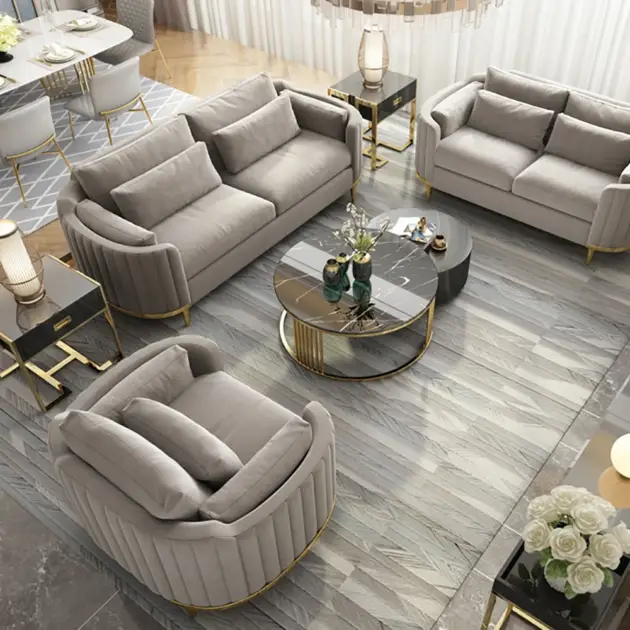 Modern Living Room Sets Grey Velvet Upholstered Chair & Loveseat & Sofa 3 Pieces