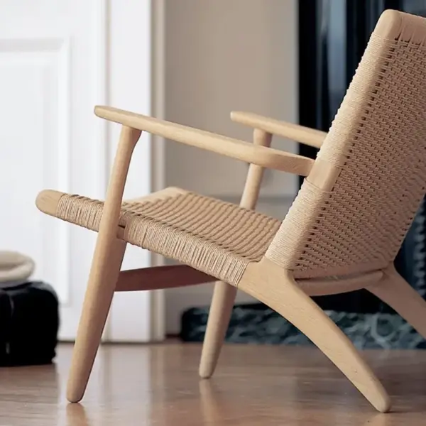 Japandi Solid Wood Outdoor Patio Lounge Chair Armchair Kraft Paper Rope Woven Seat - Image 3