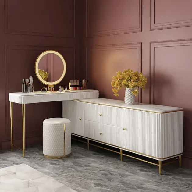 Bline Retractable Marble Top Makeup Vanity Table Cabinet Combo with Storage Corner