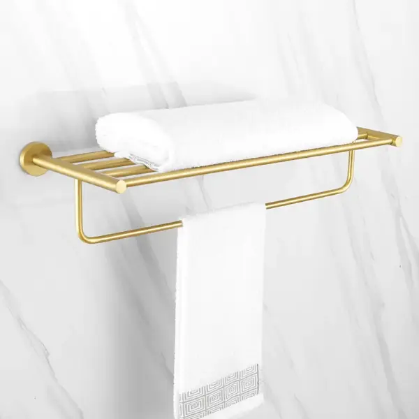 610mm Wall Mounted Brass Bathroom Shelf with Towel Rack in Brushed Gold - Image 4