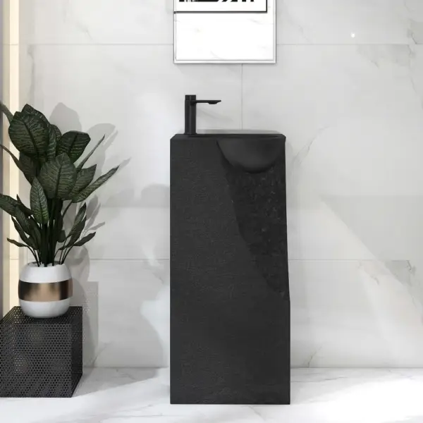 870mm Japandi Tall Stone Resin Pedestal Basin with Rounded Basin Freestanding in Black - Image 2