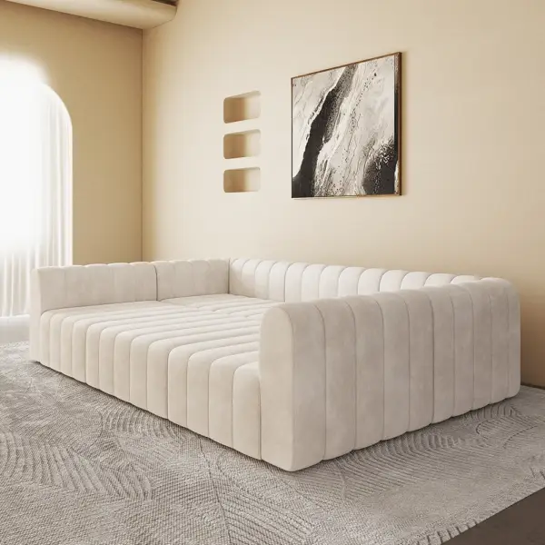 3020mm Off White Velvet Modular Pit Sectional Sofa Set Convertible 6-Seater Upholstered - Image 2