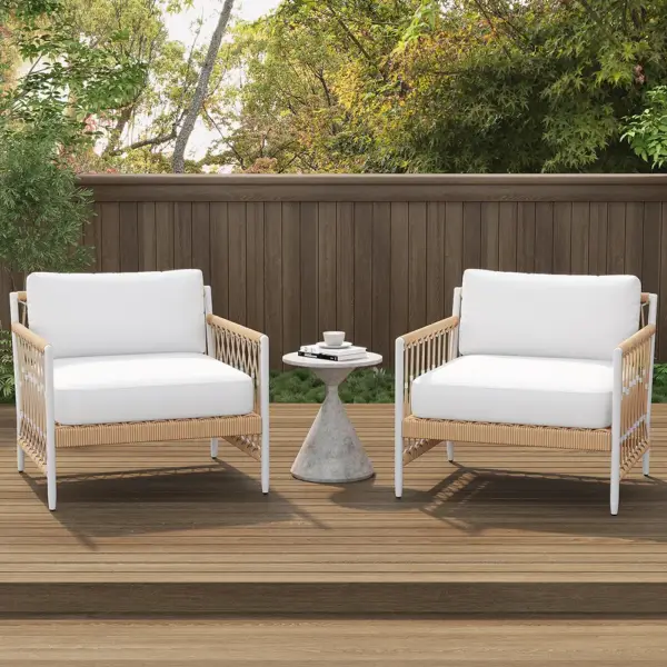Ropipe Woven Rope Outdoor Armchair Accent Chair with White Polyester Cushion - Image 3