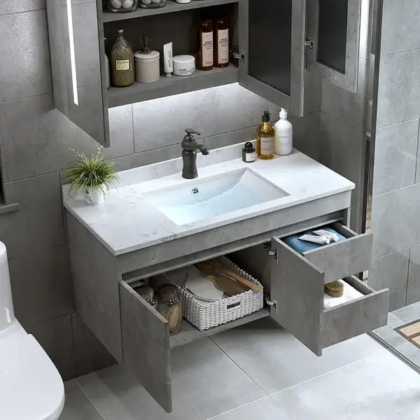 900mm Floating Bathroom Vanity with Faux Marble Countertop Basin Wall Mounted - Image 4