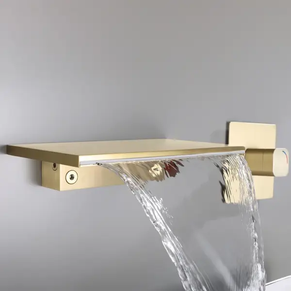 Waterfall Wall Mount Bathroom Basin Tap Single Knob Solid Brass Brushed Gold - Image 2